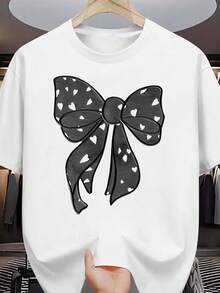 Plus Size Women's T-Shirt With Polka Dot Print, Short Sleeve And Round Neck, Casual Summer And Spring Wear, Plus Size Daily Wear For Sweet Girls Or Students, Cool And Sweat-Free Summer Clothes, Elegant Party Outfit, T-Shirt For Elegant Ladies, Blouses Suitable For Curvy Women - 白色 - 查看 1