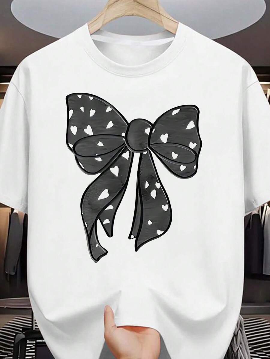 Plus Size Women's T-Shirt With Polka Dot Print, Short Sleeve And Round Neck, Casual Summer And Spring Wear, Plus Size Daily Wear For Sweet Girls Or Students, Cool And Sweat-Free Summer Clothes, Elegant Party Outfit, T-Shirt For Elegant Ladies, Blouses Suitable For Curvy Women - 白色 - 查看 1