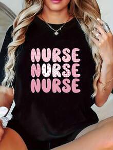 Elegante Camiseta Casual de Uso Diario para Mujer con Temática de Enfermera - Letras de Enfermera en Rosa y Estampado Geométrico |   Camiseta elástica de manga corta con cuello redondo, lavable a máquina, cómoda para todas las estaciones, ropa casual, camiseta con estampado divertido, ropa casual duradera, camiseta de moda elegante. - Negro - Ver 1