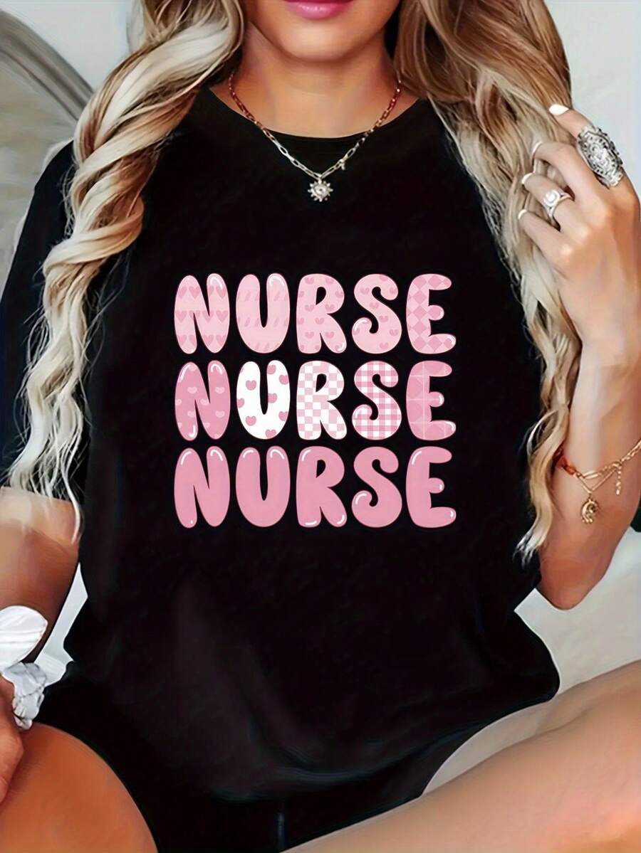 Elegante Camiseta Casual de Uso Diario para Mujer con Temática de Enfermera - Letras de Enfermera en Rosa y Estampado Geométrico | Camiseta elástica de manga corta con cuello redondo, lavable a máquina, cómoda para todas las estaciones, ropa casual, camiseta con estampado divertido, ropa casual duradera, camiseta de moda elegante. - Negro - Ver 1