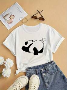 Camiseta de Verano para Mujer con Estampado de Panda, Casual, Holgada y de Manga Corta, Transpirable y Cómoda - Blanco - Ver 1