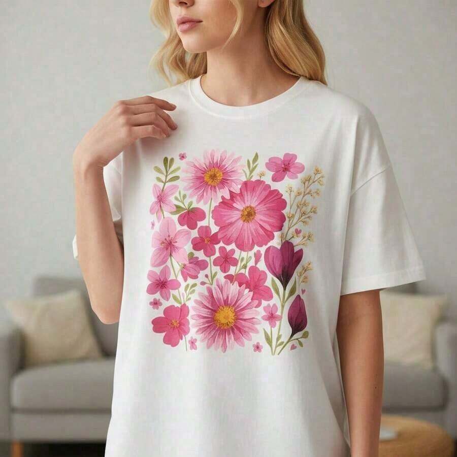 Camiseta de algodón de talla grande para mujer, tallas S-5XL, con estampado floral rosa, manga corta, cuello redondo, estilo casual, corte holgado, cómoda para el verano, blusa básica para uso diario, tela suave y transpirable, diseño botánico, transpirable y cómoda. - Blanco - Ver 1