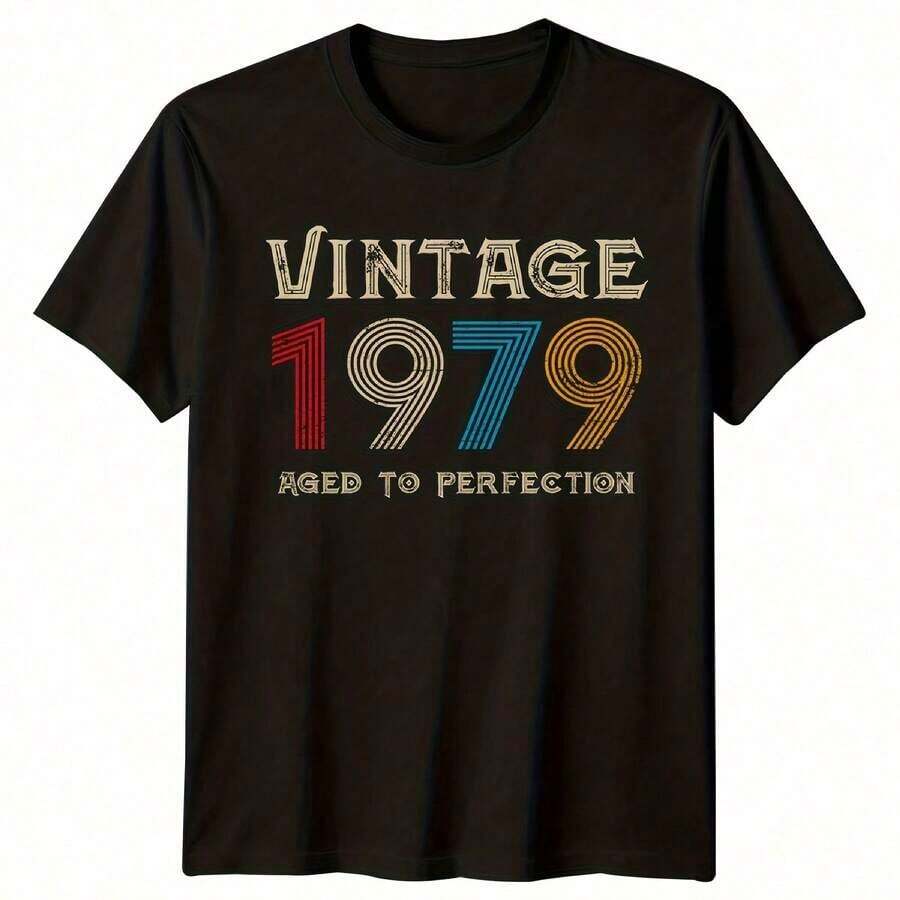 1 Piece Of Men's Vintage 1979 T-Shirt, 46th Birthday, "Aged To Perfection", All Seasons, Cotton, Single-Sided Print, Crew Neck And Short Sleeve, 180g, 100% Cotton, Designs Are Fully Printed. Unisex. - 顏色 2 - 查看 1