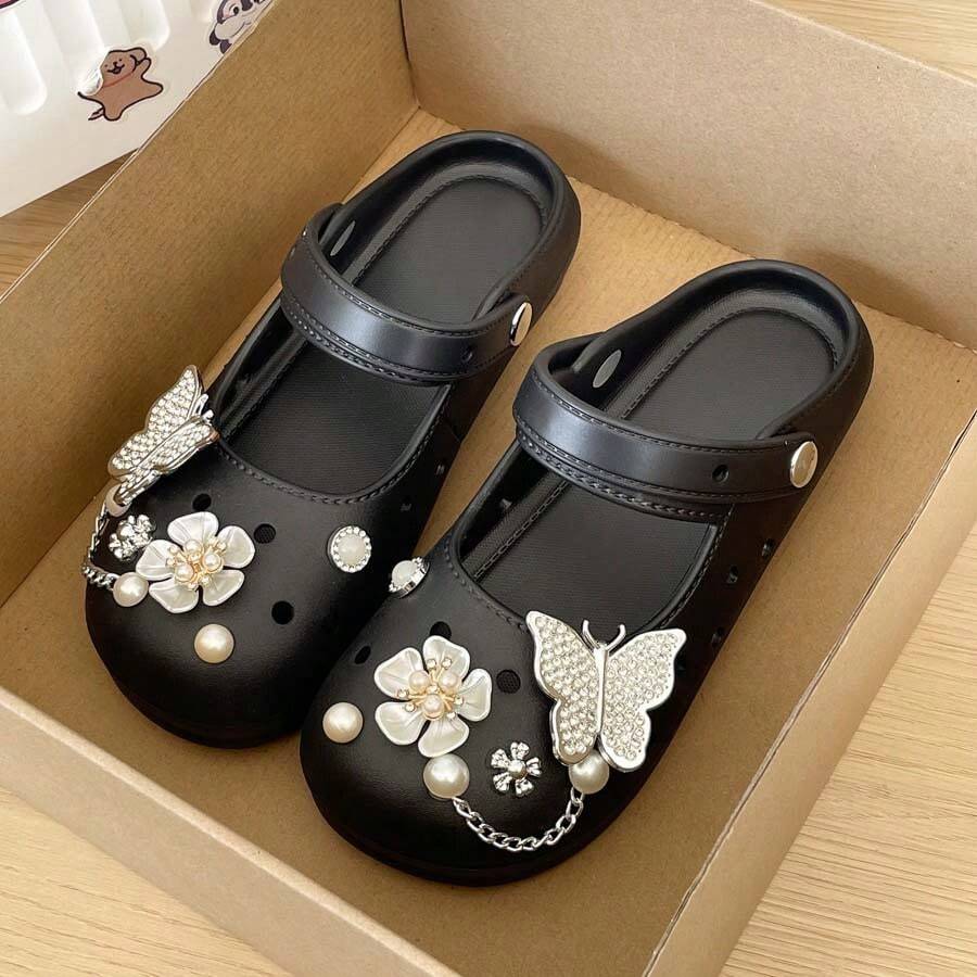 女士新款玛丽珍EVA凉鞋,韩版镂空设计,轻便舒适,沙滩/花园鞋 - 黑色 - 查看 1