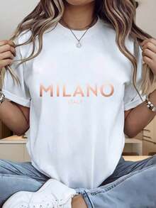 Camisetas de manga corta para mujer, cuello redondo, 100% algodón, camiseta de manga corta con estampado de oro rosa de Milán, Italia, camiseta negra para mujer, estilo casual, top de moda urbana. El estampado divertido es adecuado para fiestas de Navidad, actividades deportivas, salidas de fiestas, deportes y otros regalos navideños. - Blanco - Ver 4
