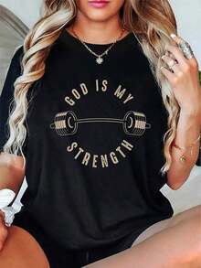 Camiseta Casual 100% Algodón con la Frase "Dios Es Mi Fuerza" |   Camiseta Divertida "God Is Rock" para Gimnasio, Regalo Original, Camiseta Holgada, Casual y Versátil, Estilo Y2k - Negro - Ver 8