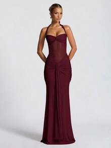 Vestido con tirantes finos, espalda descubierta, cintura ceñida y abertura alta, vestido de fiesta de vacaciones con parches de malla para boda - Rojo violeta - Ver 7