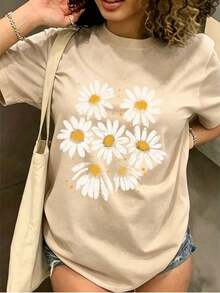 Camiseta Holgada Sencilla Mujer Estilo Moderno Women's Casual Daisy Floral Print T-Shirt Round Neck Short Drop Shoulder Sleeve Top Medium Stretch Tee for Spring Outfits Camiseta Mujer Estampado Gráfico  Verano 2026 - Albaricoque - Ver 7