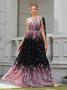Elegant Women's Pink Floral Chiffon Asymmetric Asymmetrical Shoulder Sleeve Design Dress, Suitable For Vacation And Travel - Black - View 5