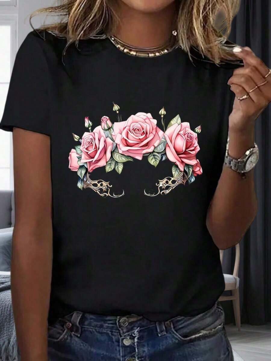 Camiseta Blanca de Mujer con Diseño de Corona Floral de Rosas, Manga Corta Casual, Camiseta Gráfica de Moda, Regalo para el Día de San Valentín, 220g, 100% Algodónropa de calor mujer - Negro - Ver 1