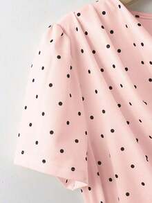 Vestido corto de manga corta de estilo minimalista y romántico para uso diario y casual, con cuello con volantes, lazo en la cintura y estampado de lunares al estilo francés, para primavera/verano - Rosa - Ver 4