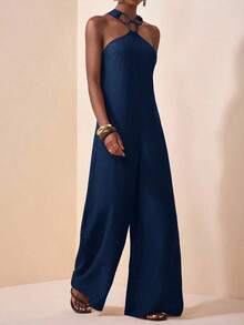 Mono de pierna ancha de unicolor y redondo conectado de moda para mujer - Azul marino - Ver 5