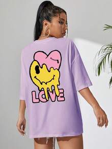 Off-The-Shoulder T-Shirt With Letter And Cartoon Print - Purple - View 3