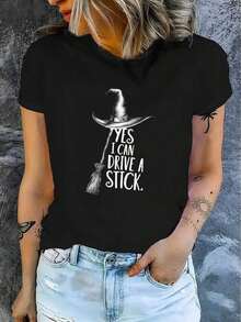 Camiseta Casual de Manga Corta para Mujer, 1 Pieza, Cuello Redondo Cómodo y Suave, Blusa Adorable para Halloween, Camisa > Hermosa. - Blanco - Ver 9