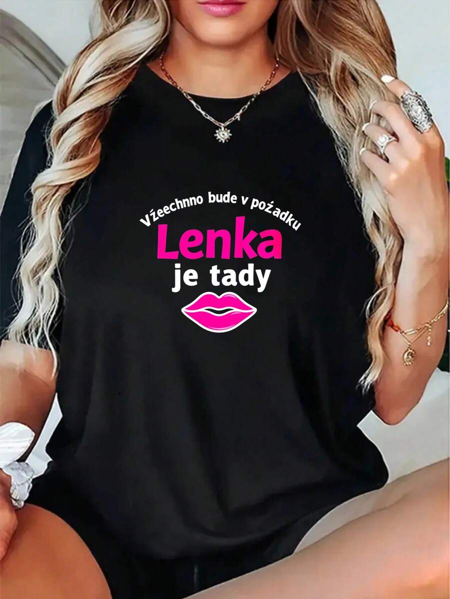 Plus Size - Plus Size - Black T-Shirt With "Lenka Is Here" Text And Lip Print Design - Black - View 1
