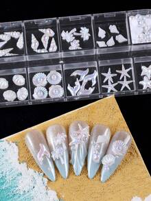 12件裝美人魚白色海洋貝殼海星珍珠海螺全息極光美甲飾品 樹脂美甲DIY裝飾配件 - 彩色 - 查看 6