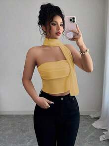 Top de camisola plisado con decoración de bufanda de malla elegante para mujeres - Amarillo - Ver 1