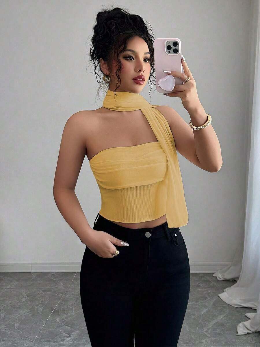 Top de camisola plisado con decoración de bufanda de malla elegante para mujeres - Amarillo - Ver 1