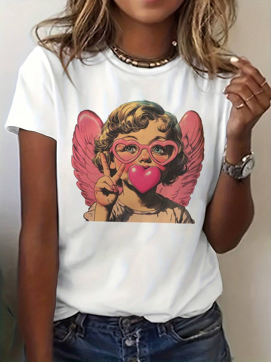 Cupid Print T-Shirt, Short Sleeve And Round Neck, Casual Top For Summer And Spring, Women's Clothing, Valentine's Day, Vintage Graphic, Bubble Heart, Adorable Animal Print, Fun Letter Print, Matches With Streetwear, Summer Outdoor Or Everyday Wear, Daily Clothes For Sweet Girls Or Students, Cool And Sweat-Free Summer Clothes - 白色 - 查看 1