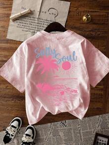 SALTY SOUL Women's Short Sleeve Crew Neck T-Shirt With Coconut And Sun Print, New Spring/Summer Collection, Versatile And Fashionable, Essential For Everyday Wear And Holidays. Women's Holiday Print T-Shirt, 100% Cotton - 粉色 - 查看 7