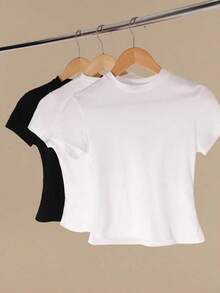 Camiseta casual versátil para mujer de manga corta y cuello redondo de unicolor - Multicolor 6 - Ver 5