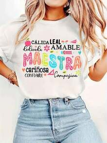 Women's Spanish Teacher T-Shirt 2026 - Short Sleeve, Round Neck, With Icons And Phrases In Spanish (Teacher, Calligraphy, Mathematics) - Casual Clothing For Educators, Ideal Gift For Teachers - 白色 - 查看 7