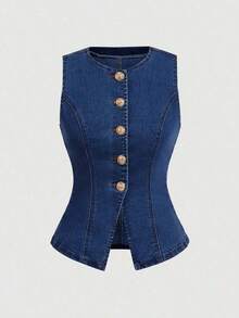 Top de mezclilla sin mangas para mujer, casual de ajuste ceñido y elástico, camiseta de verano, camisetas sin mangas para mujer, ropa de los 90, casual de negocios para mujer, tops de salida para mujer, atuendos de primavera para mujer, tops lin - Azul lavado oscuro - Ver 5