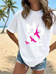 Camiseta de Mujer 2026, Nueva de Verano, Cuello Redondo, con Estampado Temático de Esperanza, Adornos de Pájaro Rosa, Patrón de Estampado Vibrante y Fresco, Seda de Leche Doble Cepillada, Cómoda y Transpirable, Versátil para Uso Diario, Viajes al Trabajo, Casual, Efecto Adelgazante, Top Multicolor. - Blanco - Ver 6