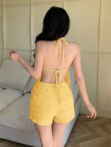 abyoxi Conjunto de top con abertura frontal con volantes y detalles de lazo en la espalda sin respaldo y shorts - Estilo sexy y dulce - Amarillo - Ver 2