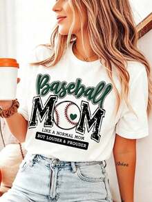 1 Piece Women's Green Baseball Graphic T-Shirt With Cute "Baseball Mama" Print, Round Neck, Short Sleeve, Comfortable Summer T-Shirt, Perfect For Mother's Day Gifts, Daily Wear And Sporting Events, Basic Top For Ladies, 180g 100% Cotton. - 白色 - 查看 3