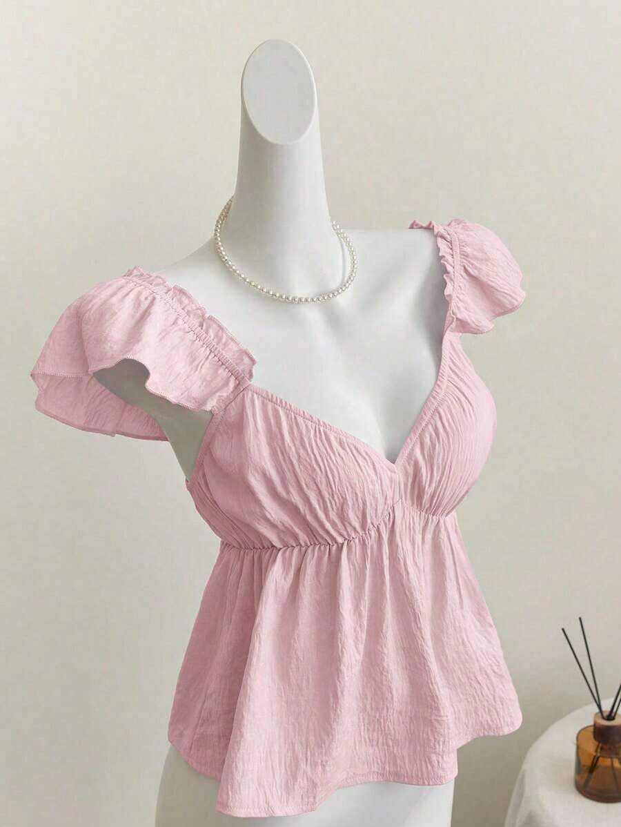 Top corto de camisola con escote bajo y espalda descubierta, con manga tipo gorra y volantes en azul, diseño sexy - Rosa - Ver 1