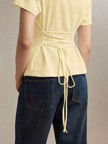 llegado de primavera/verano Camiseta de cuello barco en marfil, diseño de ribete en contraste negro, tejido texturizado, lazo de cintura ajustable, versátil para oficina, viajes, negocios, eventos sociales, formales, Día de la Madre, fiestas - Amarillo - Ver 8