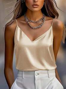 1 pieza Blusa sin mangas de satén de unicolor elegante y de moda para mujer, apropiada para verano, citas por la noche, oficina, vacaciones y uso casual diario, color negro - Champán - Ver 6