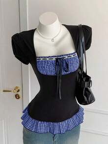 Blusa de verano elegante con volantes en el bajo, estampado de flores diminutas y parches - azul real - Ver 7