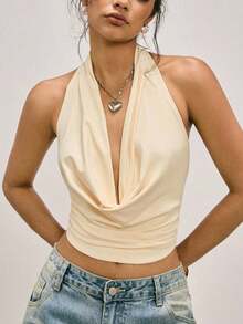 Blusa elegante y sexy de mujer con cuello drapeado y espalda descubierta de unicolor - Amarillo claro 2 - Ver 2