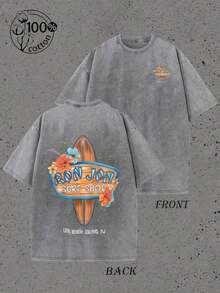 Graphic Tees Unisex, 2026 Washed Retro Cotton Circular Logo Surf Shop Long Beach Island, Crew Neck, Memorial Day Beach, Free Shipping - 灰色 - 查看 6