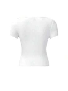 Set de 3 camisetas de mujer de manga corta con cuello en U, tops ajustados y cortos de color liso casual y de moda para el verano - Multicolor - Ver 8