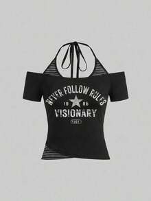Camiseta de mujer casual de cuello en V retro, con atar, de manga corta y contraste de color, adecuada para el verano - Multicolor 3 - Ver 3