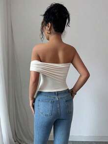 Blusa de verano para mujer con hombros decorados con botones y bajo asimétrico elegante - Albaricoque 2 - Ver 2