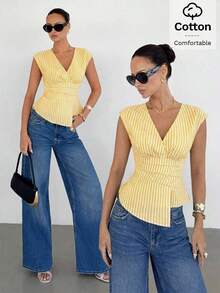 Blusa de mujer con cuello en V a rayas, plisada y con bajo asimétrico - Amarillo - Ver 1