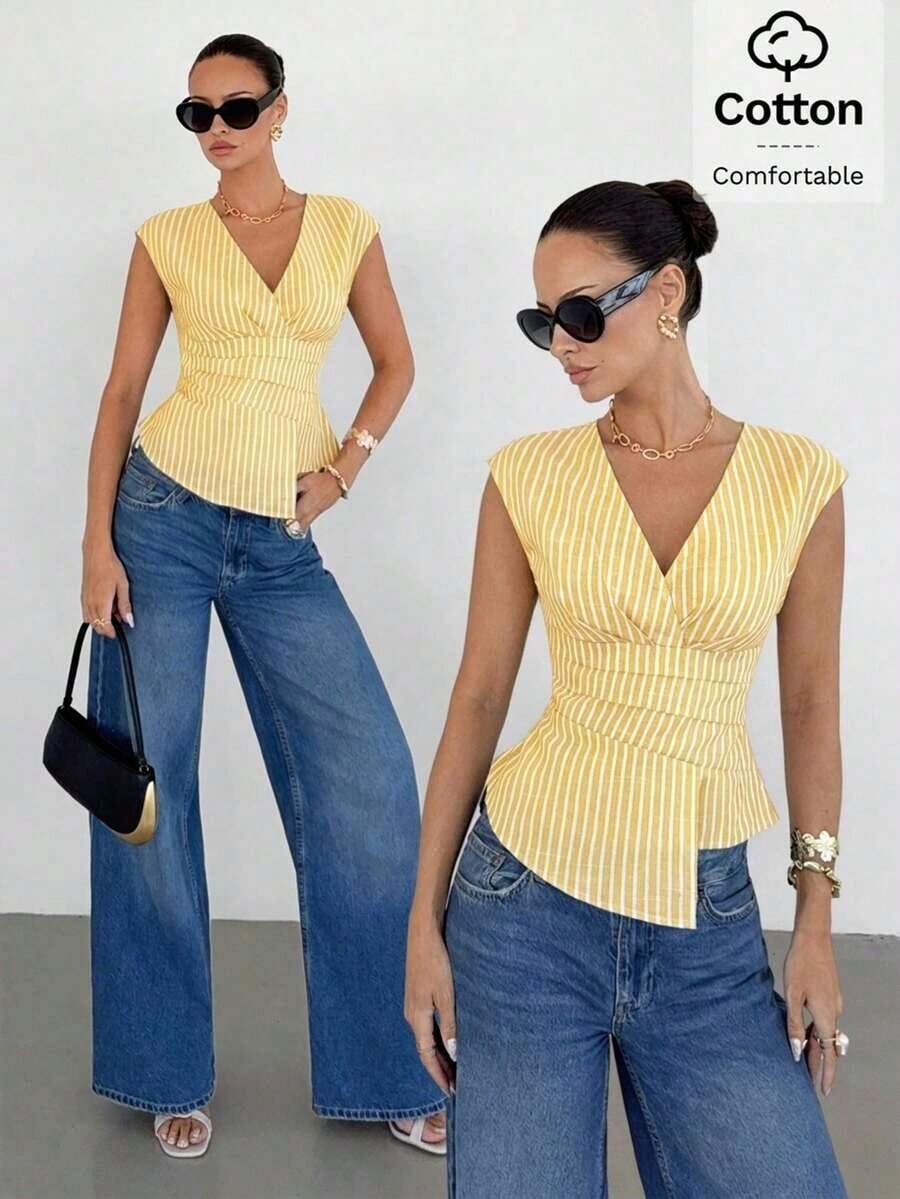 Blusa de mujer con cuello en V a rayas, plisada y con bajo asimétrico - Amarillo - Ver 1