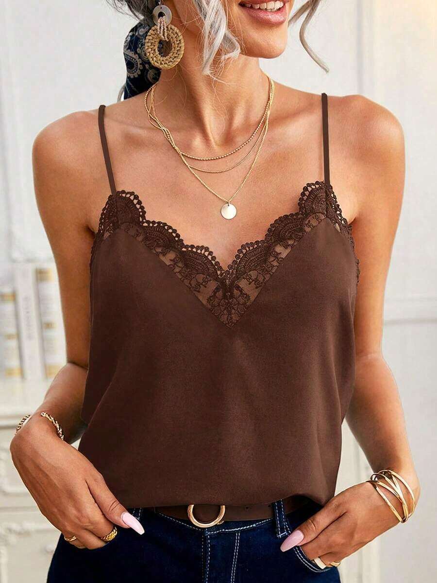 Frenchy Camiseta suelta de encaje con contraste para mujer - Café integral - Ver 1