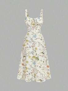 Vestido de longitud media con cintura fruncida y bordado floral para mujer - Albaricoque - Ver 4