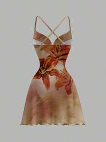 Vestido mini con cuello drapeado con estampado floral de hibisco naranja y amarillo en estilo retro vacacional elegante para mujer - Salidas, playa, bodas, cumpleaños, fiestas, chic, festival occidental, chica de isla vintage, vacaciones en la , - Multicolor 13 - Ver 3