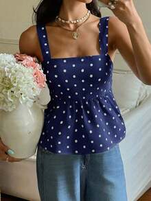 Camiseta sin mangas con volantes y estampado de lunares para vacaciones - Azul - Ver 3