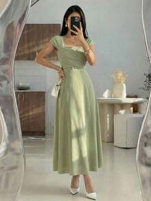 Vestido elegante de manga raglán y cuello cuadrado con detalle cruzado en el busto, de unicolor para mujeres - Verde - Ver 8