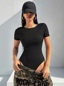 Mono de mujer de verano de manga corta, unicolor, con espalda descubierta y envolvente, camiseta informal tipo body Y2K para mujer - Negro - Ver 3