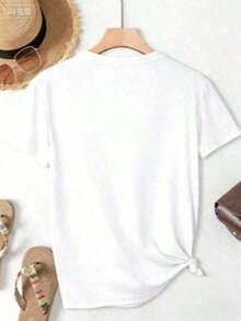 Camiseta de manga corta con cuello redondo y estampado para mujer. Perfecto para citas, desplazamientos diarios y salidas informales. Diseño clásico minimalista de cuello redondo, fácil de combinar y adecuado para todas las formas de cuerpo. - Blanco - Ver 2