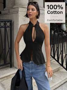 Parte superior sin mangas de mujer con lazo, cuello halter y abertura, chaleco casual - Negro - Ver 3