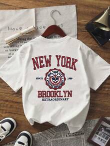 Camiseta Casual de Mujer de Tejido de Punto con Cuello Redondo, Manga Corta, Hombros Caídos y Estampado de Nueva York EIS2 - Blanco - Ver 3